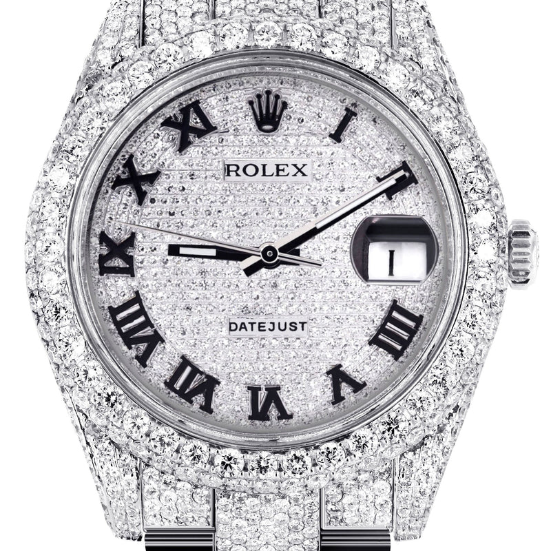 Womens Diamond Iced Out Rolex Datejust 41 | 25 Carats Of Diamonds | Custom Roman Numeral Diamond Dial | Two Row | Oyster Band