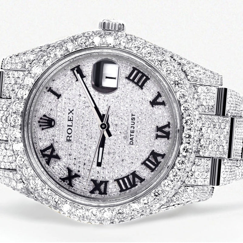 Womens Diamond Iced Out Rolex Datejust 41 | 25 Carats Of Diamonds | Custom Roman Numeral Diamond Dial | Two Row | Oyster Band
