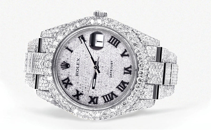 Diamond Iced Out Rolex Datejust 41 | 25 Carats Of Diamonds | Custom Roman Numeral Diamond Dial | Two Row | Oyster Band