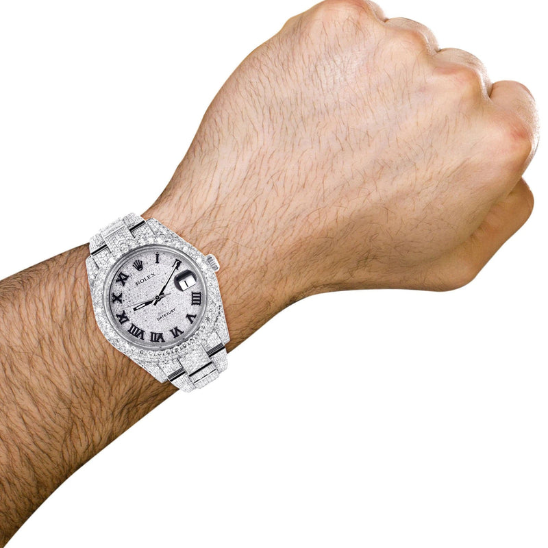 Diamond Iced Out Rolex Datejust 41 | 25 Carats Of Diamonds | Custom Roman Numeral Diamond Dial | Two Row | Oyster Band