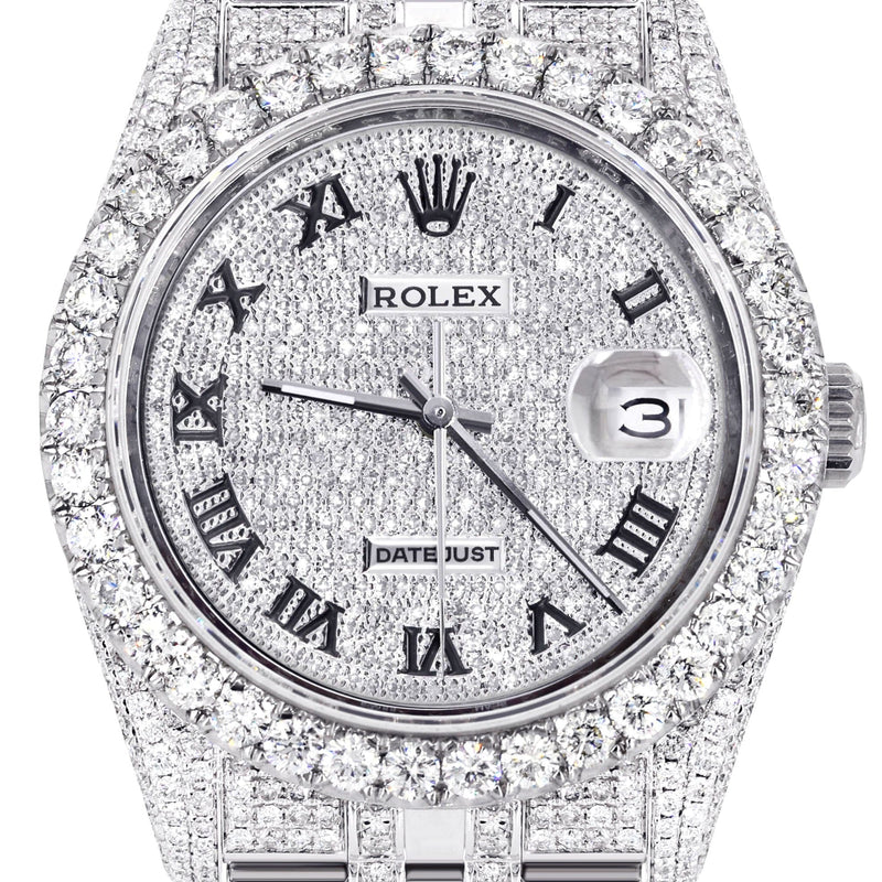 Iced Out Rolex Datejust 36 MM | Stainless Steel | 16.5 Carats of Diamonds | Full Diamond Roman Diamond Dial | Jubilee Band | Model 116200
