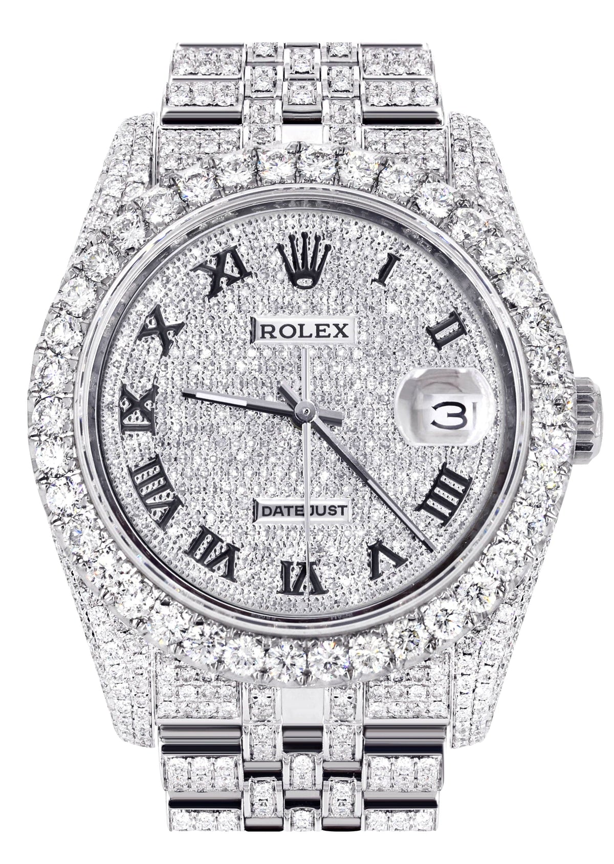Iced Out Rolex Datejust 36 MM | Stainless Steel | 16.5 Carats of Diamonds | Full Diamond Roman Diamond Dial | Jubilee Band | Model 116200