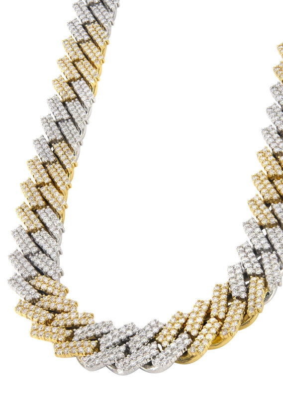 Two Tone Iced Out Diamond Prong Cuban Link Chain 10K/14K