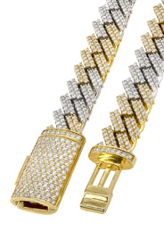 Two Tone Iced Out Lab Grown VVS Diamond Prong Cuban Link Chain 10K/14K