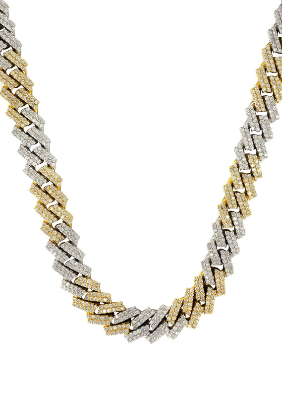 Two Tone Iced Out Lab Grown VVS Diamond Prong Cuban Link Chain 10K/14K