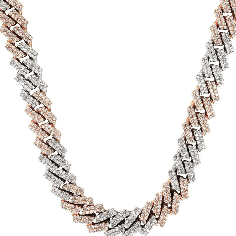 Two Tone Iced Out Lab Grown VVS Diamond Prong Cuban Link Chain 10K/14K