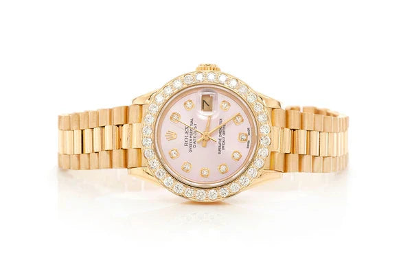 Diamond Rolex Datejust Gold Watch for Women | 2.50 Carat Bezel | 26MM | Pink Dial | Jubilee Band