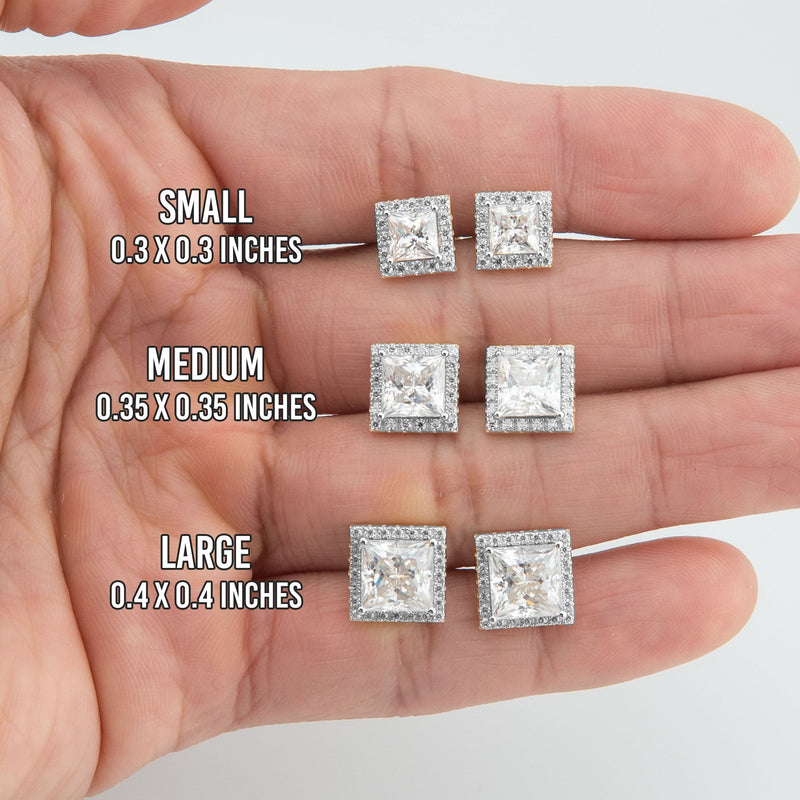Men's Jewelry - VVS Lab Diamond Halo Princess Stud Earrings For Men | 14K White Gold