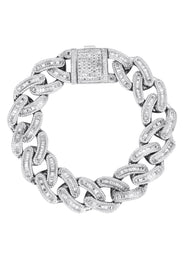 Silver White Iced Out Baguette Miami Cuban Bracelet