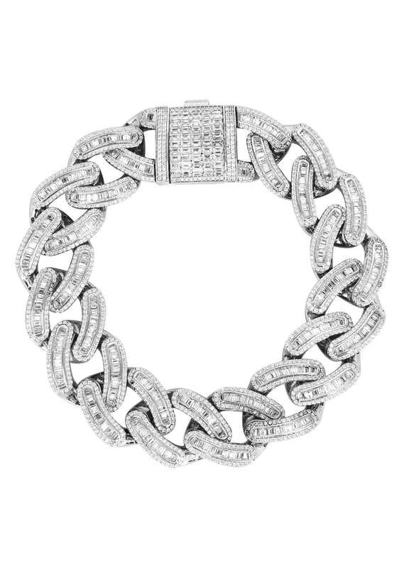 Silver White Iced Out Baguette Miami Cuban Bracelet
