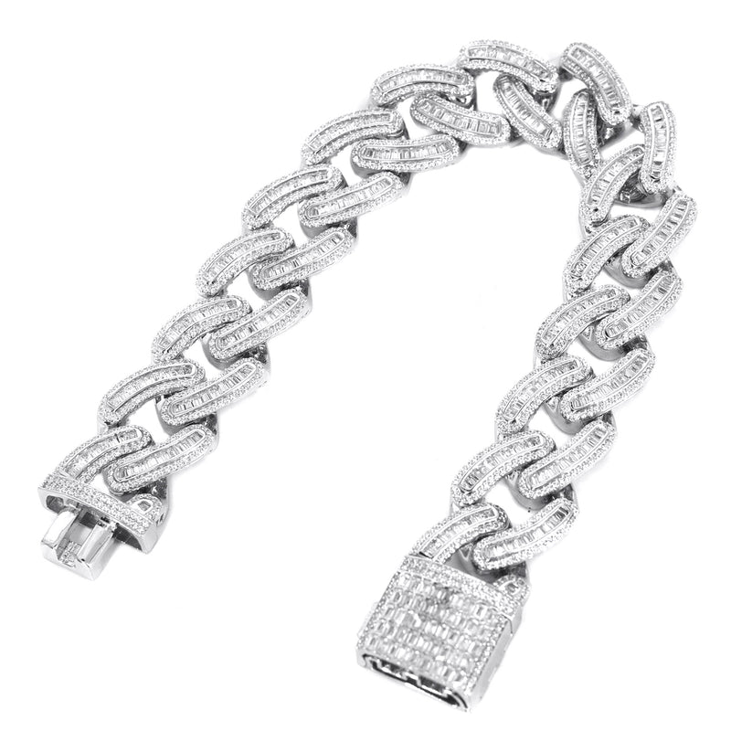 Silver White Iced Out Baguette Miami Cuban Bracelet