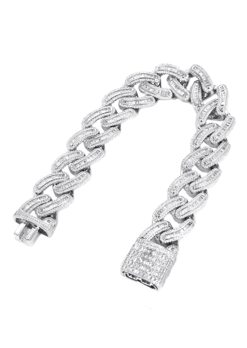 Silver White Iced Out Baguette Miami Cuban Bracelet