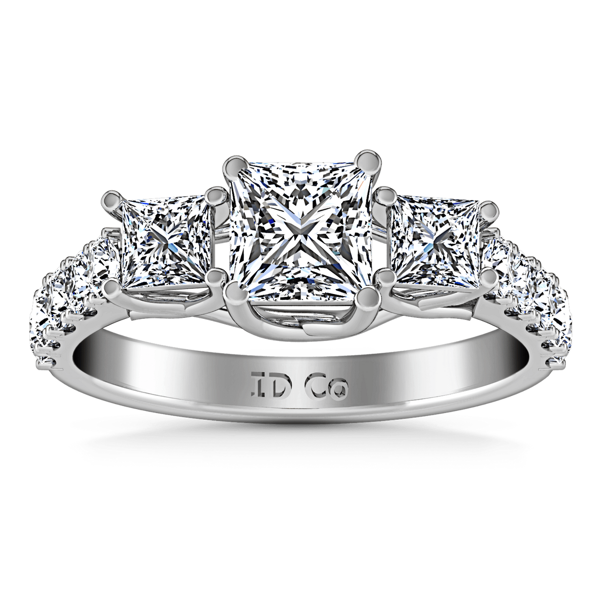 Three Stone Princess Cut Diamond Engagement Ring Enchantment Lattice 14K White Gold