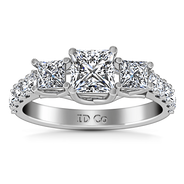 Three Stone Princess Cut Diamond Engagement Ring Enchantment Lattice 14K White Gold