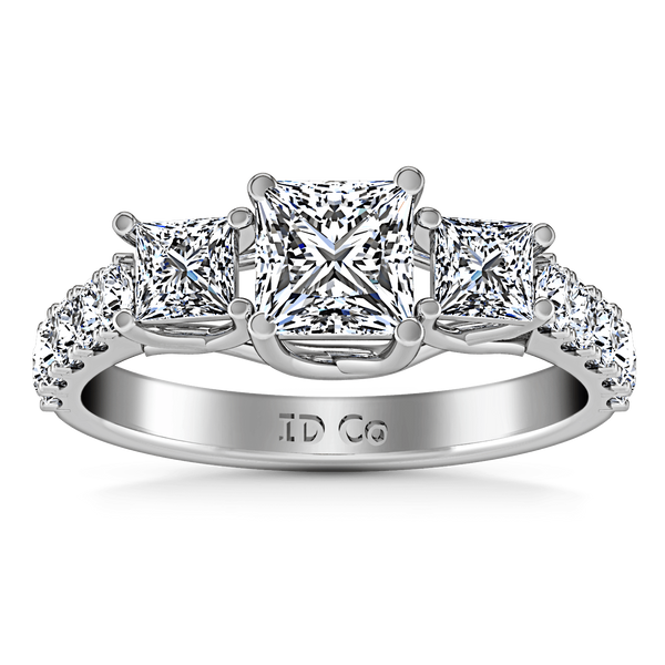 Three Stone Princess Cut Diamond Engagement Ring Enchantment Lattice 14K White Gold