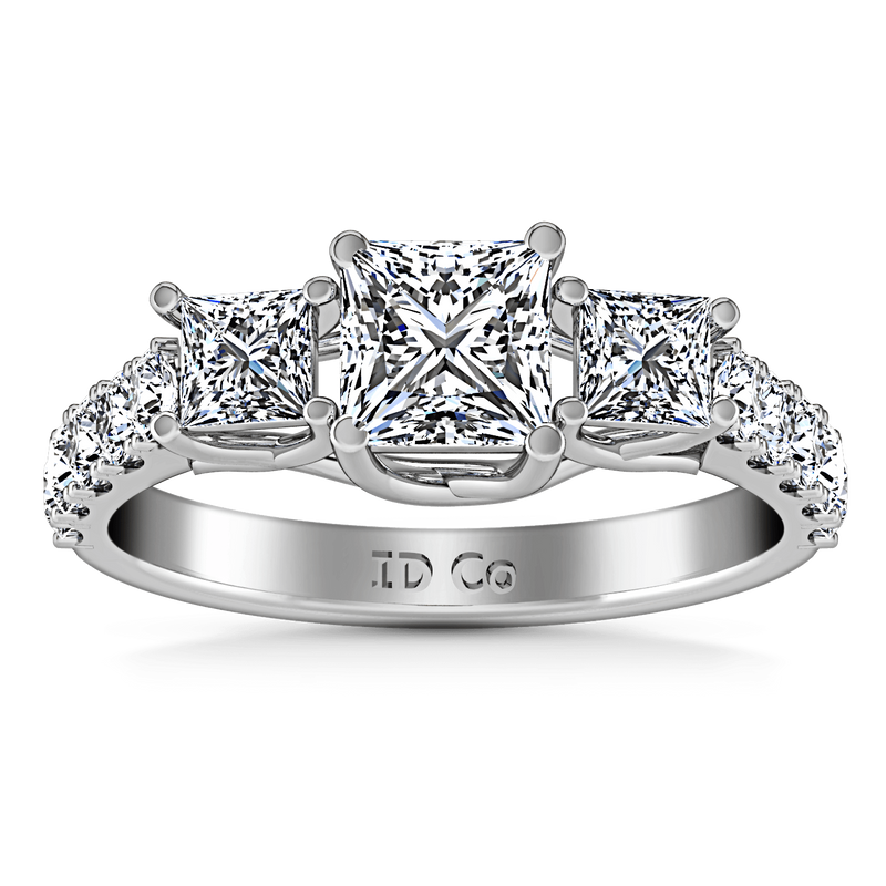 Three Stone Princess Cut Diamond Engagement Ring Enchantment Lattice 14K White Gold