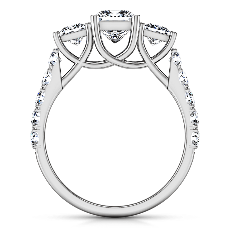 Three Stone Princess Cut Diamond Engagement Ring Enchantment Lattice 14K White Gold