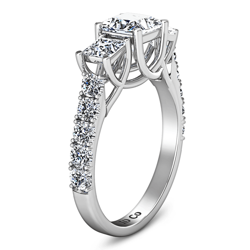Three Stone Princess Cut Diamond Engagement Ring Enchantment Lattice 14K White Gold