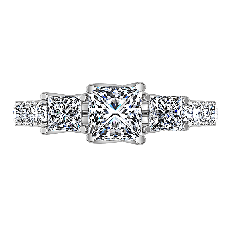 Three Stone Princess Cut Diamond Engagement Ring Enchantment Lattice 14K White Gold