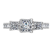Three Stone Princess Cut Diamond Engagement Ring Enchantment Lattice 14K White Gold