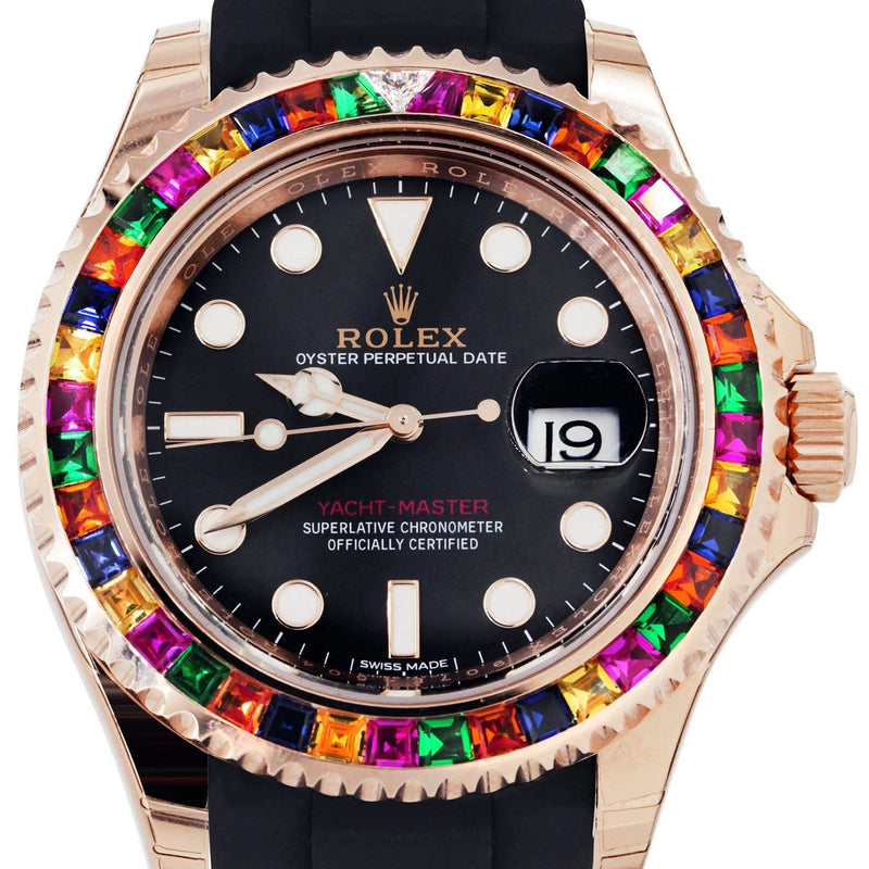 Rolex Yacht Master | 18K Rose Gold | Rubber Strap | Custom Sapphire & Diamond Bezel | 40 MM