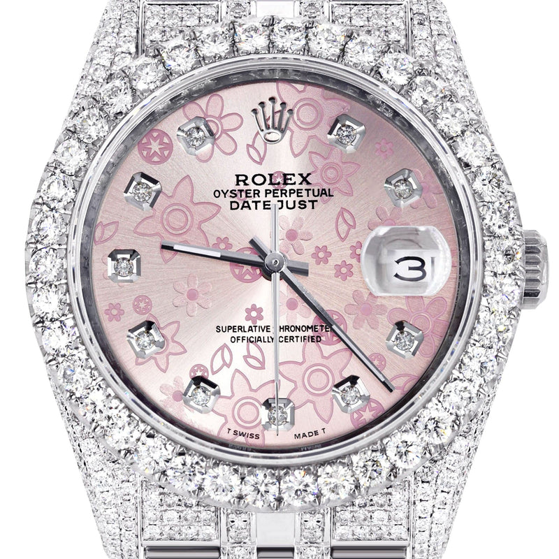 Iced Out Rolex Datejust 36 MM | Stainless Steel | 16.5 Carats of Diamonds | Pink Floral Diamond Dial | Jubilee Band | Model 116200