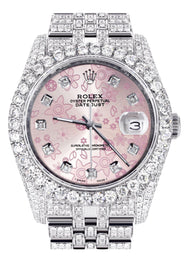 Iced Out Rolex Datejust 36 MM | Stainless Steel | 16.5 Carats of Diamonds | Pink Floral Diamond Dial | Jubilee Band | Model 116200