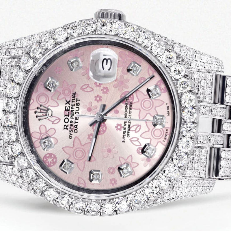 Iced Out Rolex Datejust 36 MM | Stainless Steel | 16.5 Carats of Diamonds | Pink Floral Diamond Dial | Jubilee Band | Model 116200