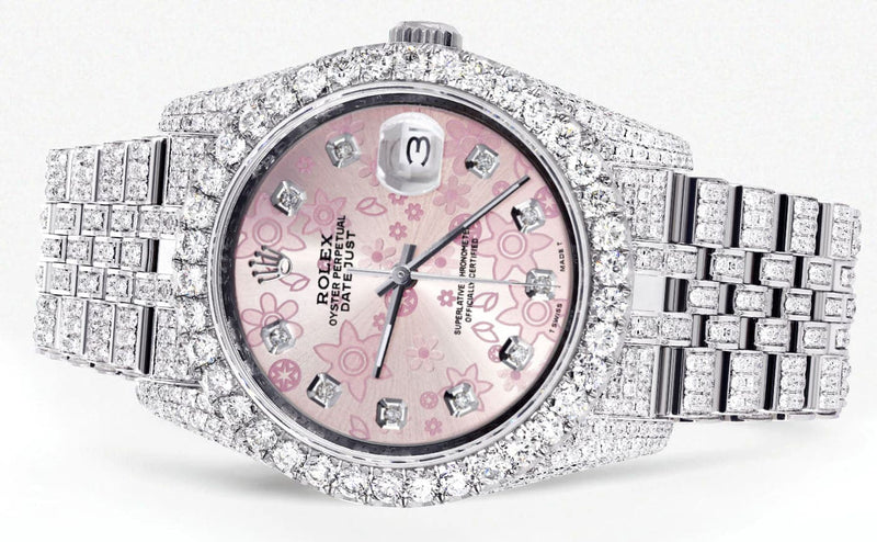 Iced Out Rolex Datejust 36 MM | Stainless Steel | 16.5 Carats of Diamonds | Pink Floral Diamond Dial | Jubilee Band | Model 116200