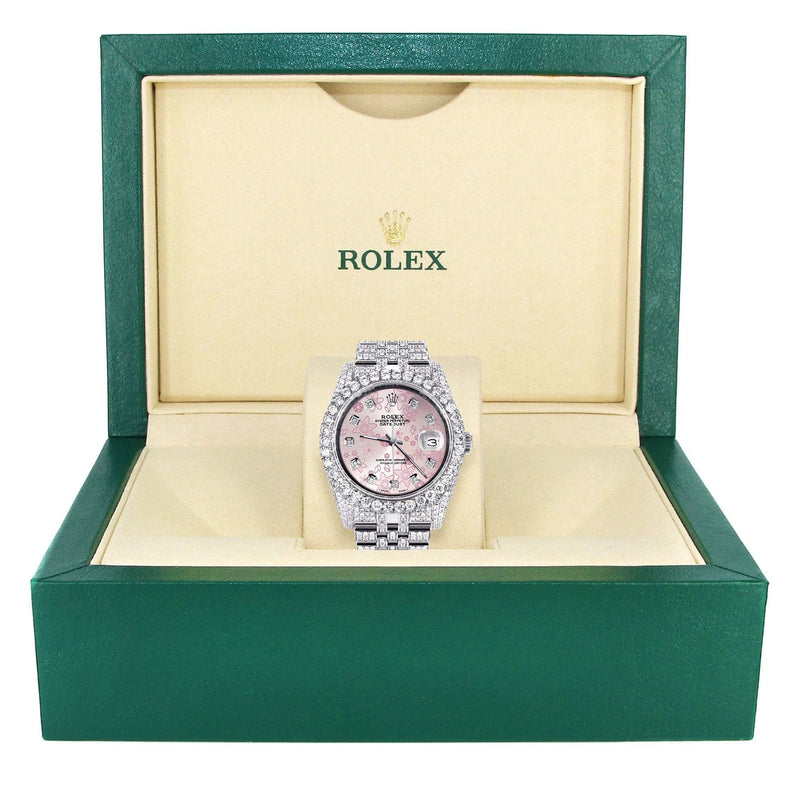 Iced Out Rolex Datejust 36 MM | Stainless Steel | 16.5 Carats of Diamonds | Pink Floral Diamond Dial | Jubilee Band | Model 116200