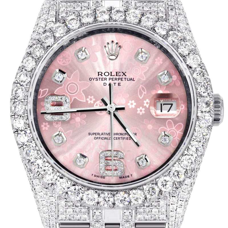 Iced Out Rolex Datejust 36 MM | Stainless Steel | 10 Carats of Diamonds | Floral Pink Roman Diamond Dial | Jubilee Band