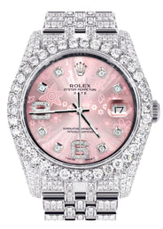 Iced Out Rolex Datejust 36 MM | Stainless Steel | 10 Carats of Diamonds | Floral Pink Roman Diamond Dial | Jubilee Band
