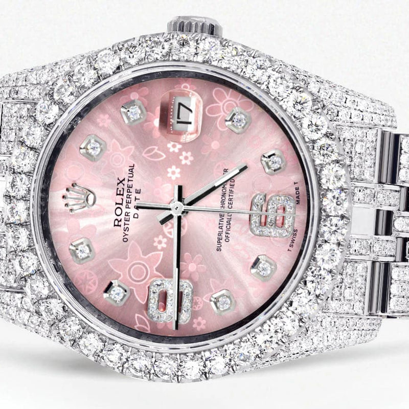 Iced Out Rolex Datejust 36 MM | Stainless Steel | 10 Carats of Diamonds | Floral Pink Roman Diamond Dial | Jubilee Band