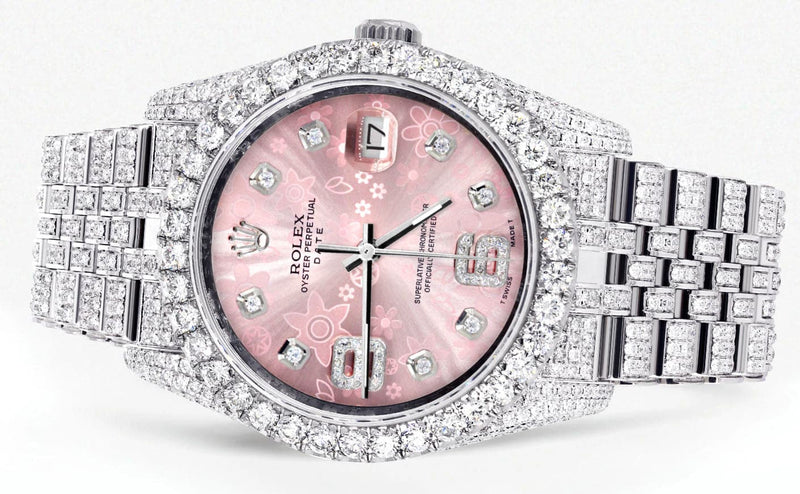 Iced Out Rolex Datejust 36 MM | Stainless Steel | 10 Carats of Diamonds | Floral Pink Roman Diamond Dial | Jubilee Band