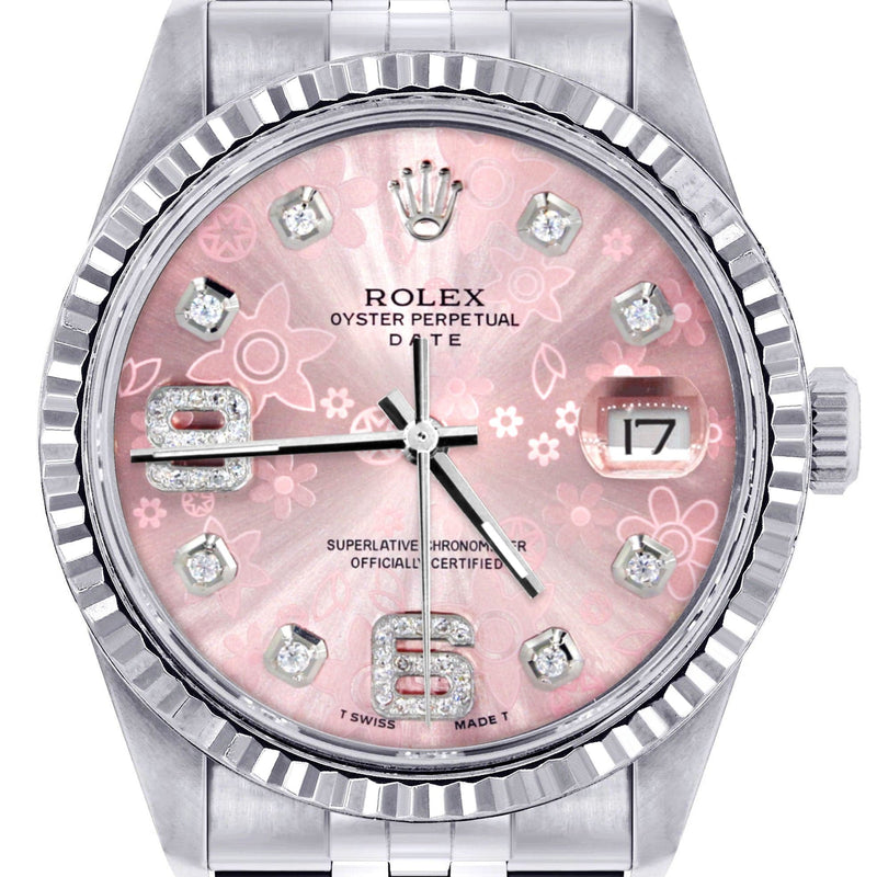 Mens Rolex Datejust Watch 16200 | Fluted Bezel | 36Mm | Pink Flower Dial | Jubilee Band