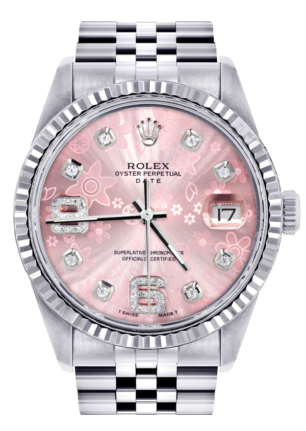 Mens Rolex Datejust Watch 16200 | Fluted Bezel | 36Mm | Pink Flower Dial | Jubilee Band