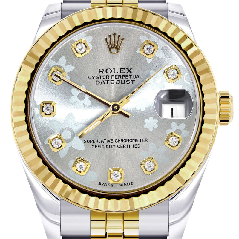 Diamond Gold Rolex Watch | 68273 | Fluted Bezel | 31MM | Floral Diamond Dial | Jubilee Band