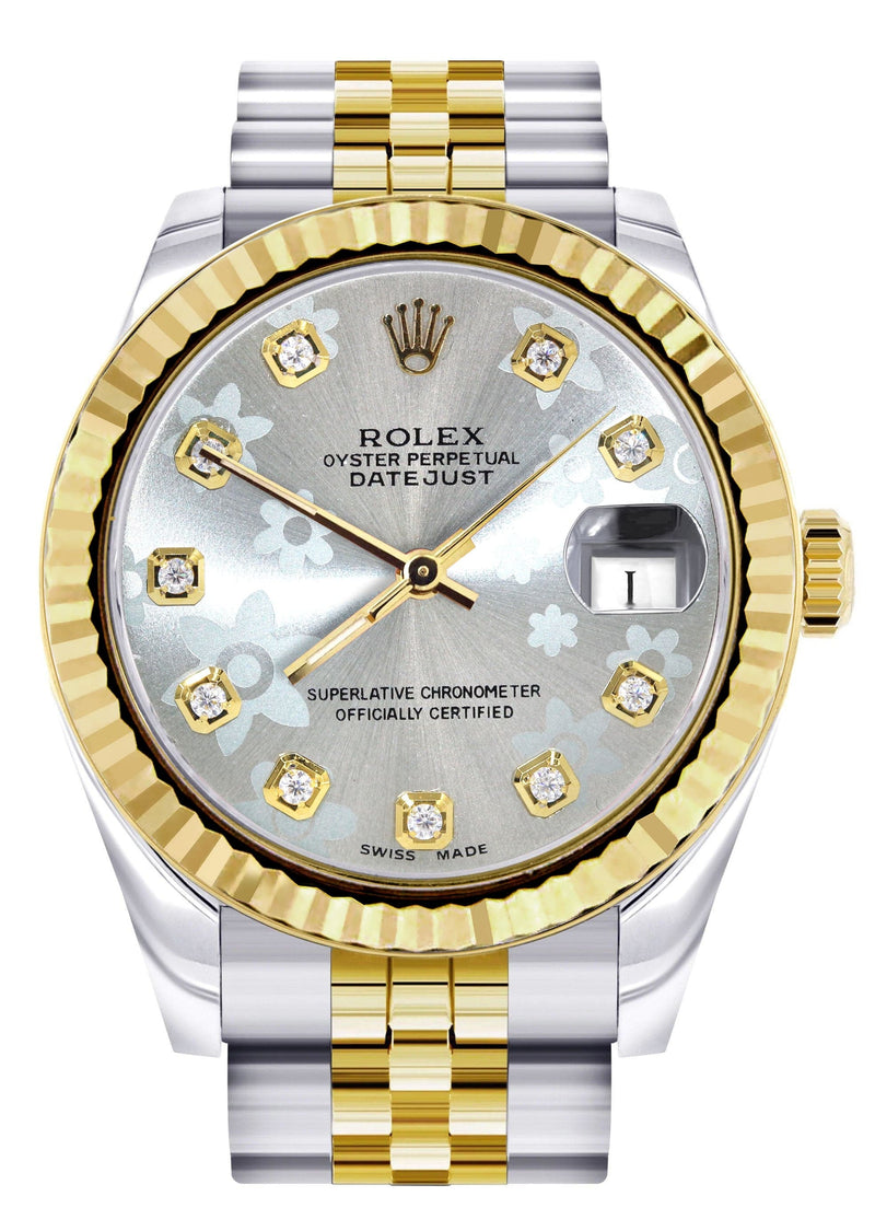 Diamond Gold Rolex Watch | 68273 | Fluted Bezel | 31MM | Floral Diamond Dial | Jubilee Band