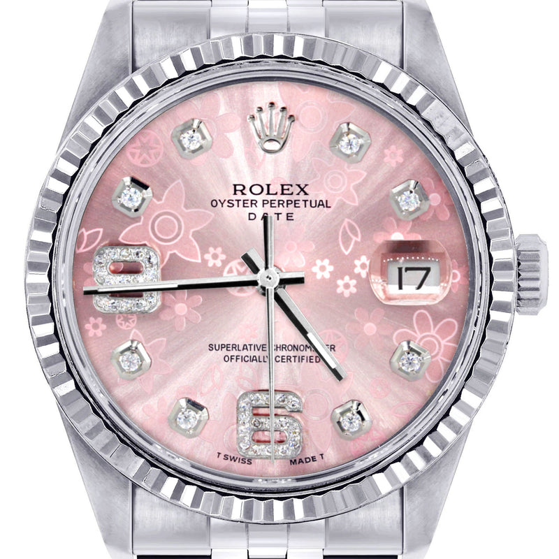 Womens Rolex Datejust Watch 16200 | Fluted Bezel | 36Mm | Pink Flower Dial | Fluted Bezel | Jubilee Band
