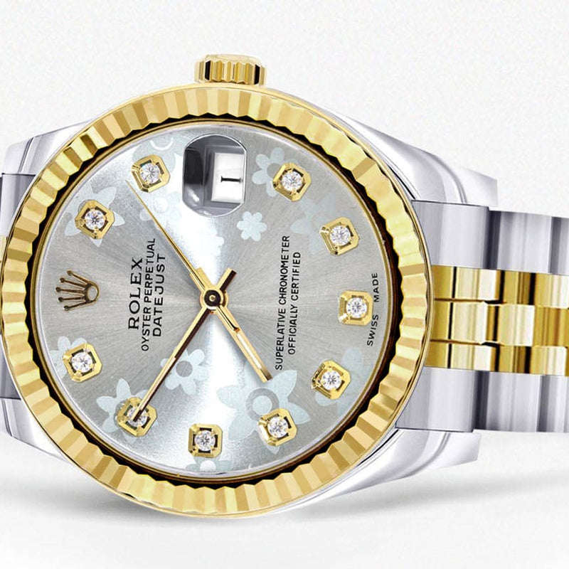 Diamond Gold Rolex Watch | 68273 | Fluted Bezel | 31MM | Floral Diamond Dial | Jubilee Band