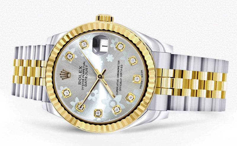 Diamond Gold Rolex Watch | 68273 | Fluted Bezel | 31MM | Floral Diamond Dial | Jubilee Band