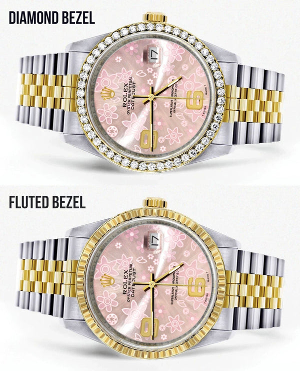 Gold Rolex Datejust Watch 16233 Two Tone for Men | 36Mm | Pink Flower Dial | Jubilee Band