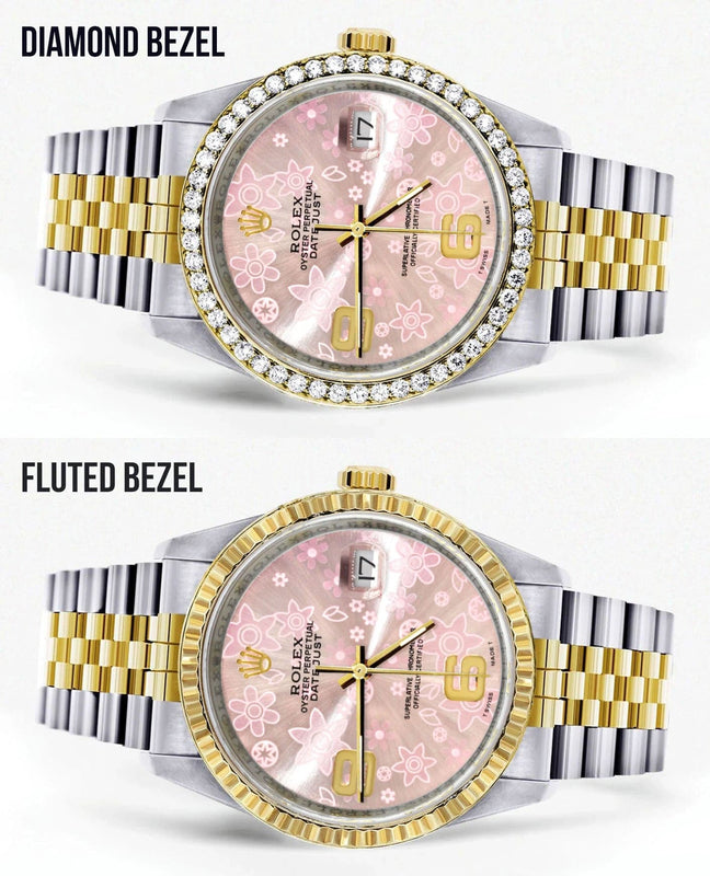 Gold Rolex Datejust Watch 16233 Two Tone for Men | 36Mm | Pink Flower Dial | Jubilee Band