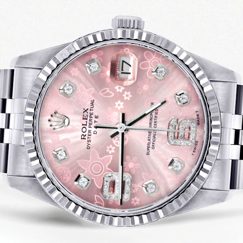 Womens Rolex Datejust Watch 16200 | Fluted Bezel | 36Mm | Pink Flower Dial | Fluted Bezel | Jubilee Band