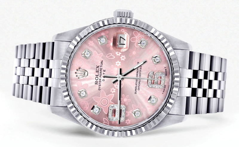 Womens Rolex Datejust Watch 16200 | Fluted Bezel | 36Mm | Pink Flower Dial | Fluted Bezel | Jubilee Band
