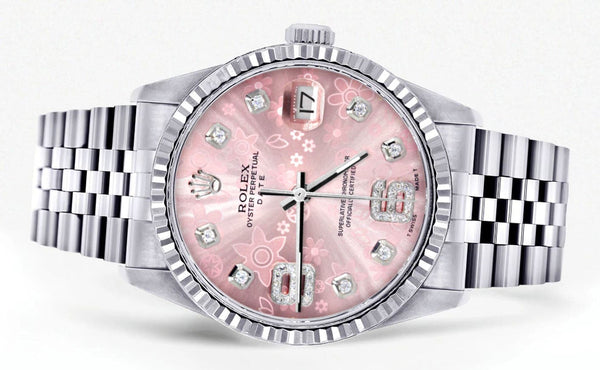 Mens Rolex Datejust Watch 16200 | Fluted Bezel | 36Mm | Pink Flower Dial | Jubilee Band