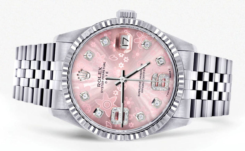 Mens Rolex Datejust Watch 16200 | Fluted Bezel | 36Mm | Pink Flower Dial | Jubilee Band