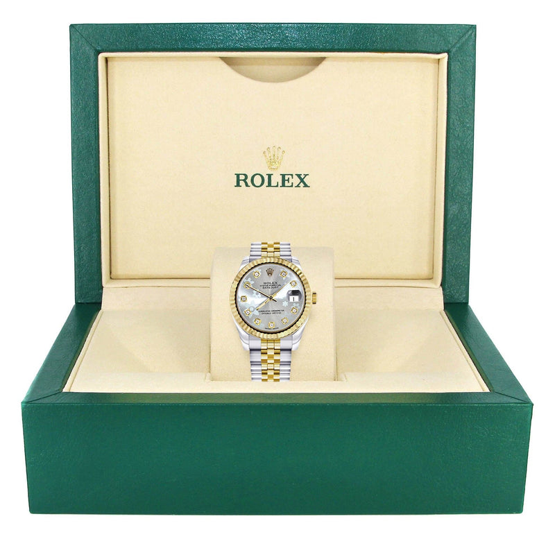 Diamond Gold Rolex Watch | 68273 | Fluted Bezel | 31MM | Floral Diamond Dial | Jubilee Band