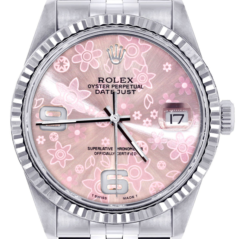 Womens Rolex Datejust Watch 16200 | Fluted Bezel | 36Mm | Pink Flower Dial | Fluted Bezel | Jubilee Band