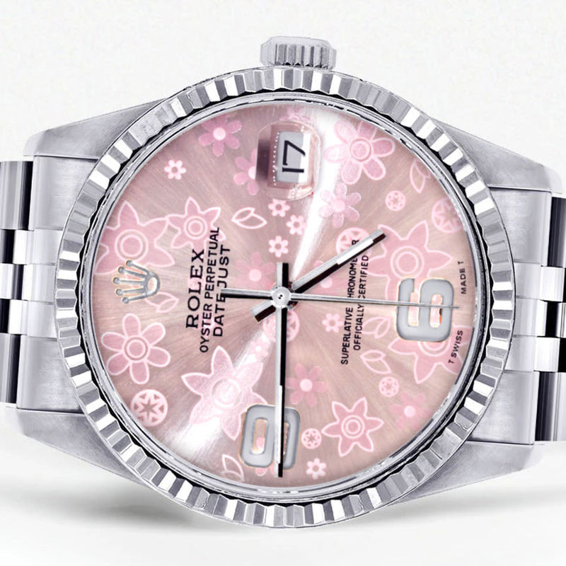 Womens Rolex Datejust Watch 16200 | Fluted Bezel | 36Mm | Pink Flower Dial | Fluted Bezel | Jubilee Band